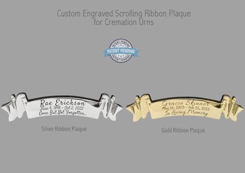 Image of Custom Engraved Ribbon Adhesive Plaque - Chain Free Urn Plate & Engraved Urns for Ashes Adult Male & Urns for Human Ashes Adult Female - Patent Pending (Scrolling Ribbon)