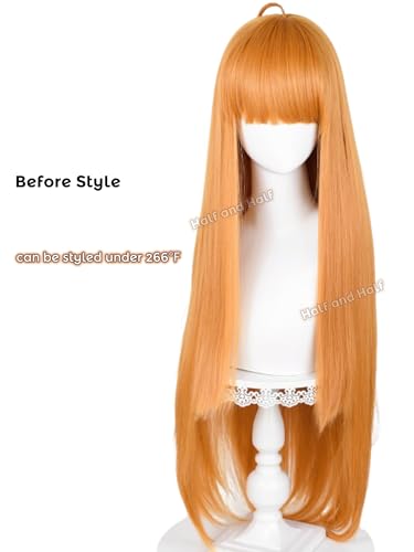 Image of Long Straight Orange Anime Cosplay Wig with Bangs 33.5'' Ginger Wig | Deep Orange Synthetic Hair Wigs for Women Costumes Party Halloween