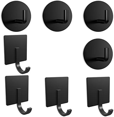 BARONAGE 8 Pack Adhesive Hooks, Towel Hook for Hanging Heavy Duty Waterproof Stainless Steel Robe Coat Hooks Black Wall-Hooks Stick on Bathroom Kitchen Home Door Bedroom