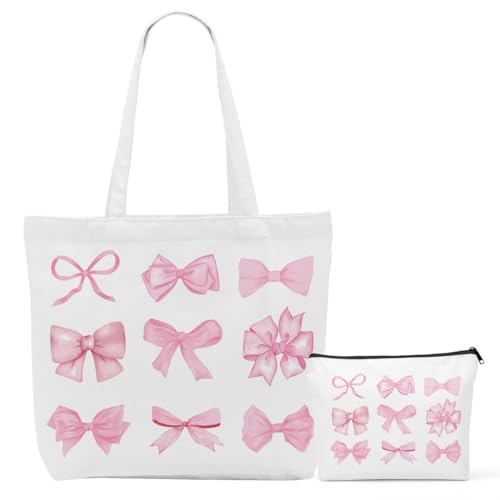 Pink Checkered Bows Canvas Tote Bag Set, Preppy Stuff Gifts for GirlsBirthday Reusable Shopping Grocery Bags