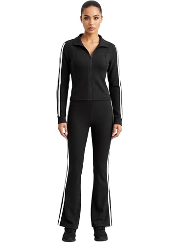 ZFTTV Womens 3 Piece Striped Track Suits Sets Long Sleeve Full Zip Jacket Strapless Bandeau Top with Jogger Sporty Pants Tracksuit Lounge Sets (black, S) — view 2
