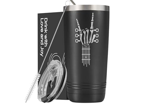 Onebttl Rock and Roll Punk Rock Band Concert Guitar Accessories Gift, Guitar Gifts for Men, 20 oz Stainless Steel Insulated Tumbler with Straw, Lid, Skeleton