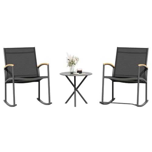 Image of Shintenchi 3 Pieces Patio Rocking Bistro Sets,Outdoor Textilene Fabric Conversation Bistro Set,Front Porch Rocker Chairs Small Patio Furniture Set with Table for Lawn,Garden,Balcony(Black)