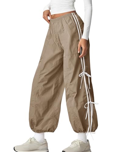 Fisoew Womens Wide Leg Track Pants Casual Elastic Waist Bow Tie Y2K Baggy Sweatpants with Pockets Khaki
