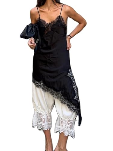 Image of Betrodi Womens Lace Trim Asymmetrical Top Y2k Silk Satin Irregular Hem Cami Vest Top V Neck Patchwork Coquette Going Out Tops (Fashion Black,Large)