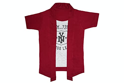 Image of Boy's Half Sleeve Cotton White Printed T-Shirt with Maroon Jacket Shrug Look Smart and Comfortable for Any Casual and Festive Purpose (15-16 Years)