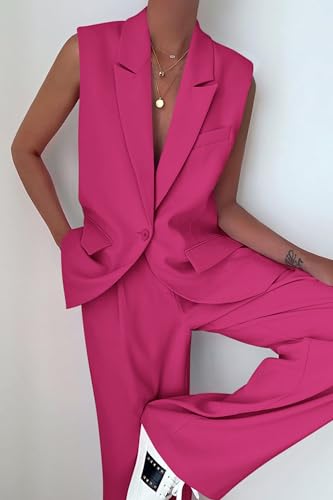 Image of PRETTYGARDEN Women's 2 Piece Outfits Sleeveless Suit Vest and Wide Leg Pants Business Casual Blazer Sets
