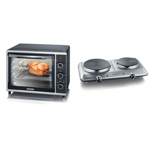 SEVERIN Mini-Four à chaleur tournante 30 L avec tournebroche, Four posable 1 600 W & Plaque de cuisson électrique double 2 500 W, Plaque de cuisine pour logement étudiant