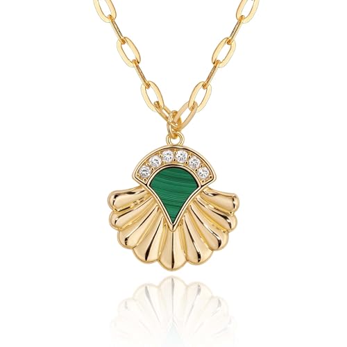 Fettero Necklaces for Women Trendy 14K Gold Plated Charm Necklace Green Malachite Heart Coin Butterfly Cross Clover Pendant Dainty Gold Necklace for Women Jewelry