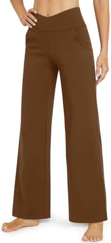 G4Free Yoga Pants for Women with Pockets Wide Leg Dress Pants with Pockets High Cross Waist Stretch Palazzo Pants Straight Leg(Dark Coffee,XL,31")