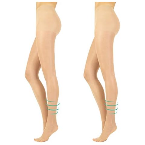 Pack 2 Pairs 40 Den Support Tights | Medium Compression Support Pantyhose | S M L | Black, Natural | Italian Hosiery | (Skin, L) Cover