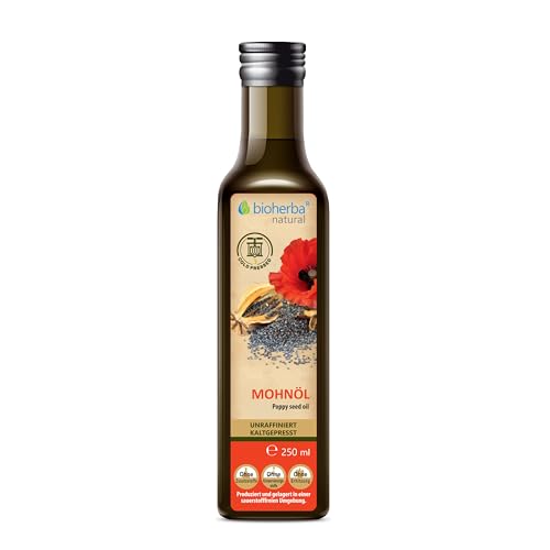 Mohnöl 250 ml – Kaltgepresstes Öl aus Mohnsamen | Natürlich & reich an Vitamin E & Omega-6 | Für Küche, Haut & Haarpflege | Von BIOHERBA