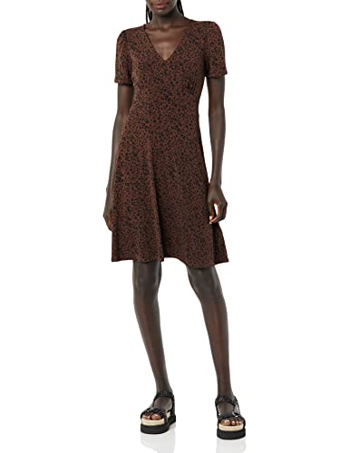 Image of Amazon Essentials Women's Short Sleeve V-Neck Gathered Flattering Fit and Flare Dress