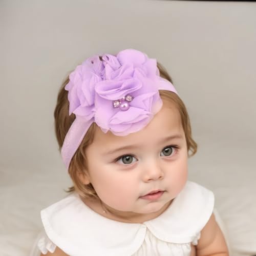 Lace Flower Baby Girls Headband with Pearl Rhinestone Fabric Floral Elastic Toddlers Hairbands Birthday Party Hair Accessoties for Newborn Infant (Purple A, Standard Small)2