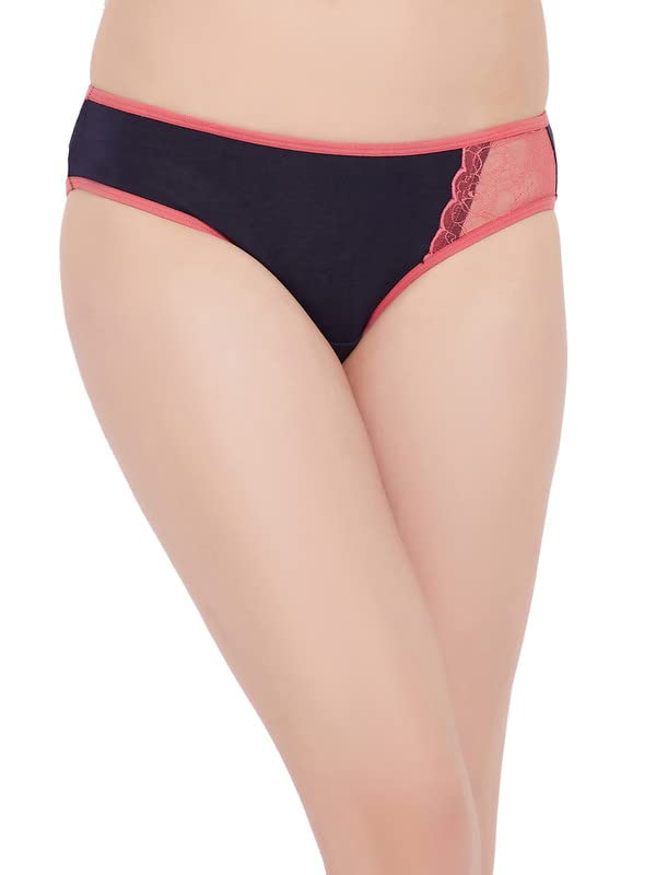 Image of Clovia Women's Cotton Low Waist Bikini Panty with Lace Panel in Blue