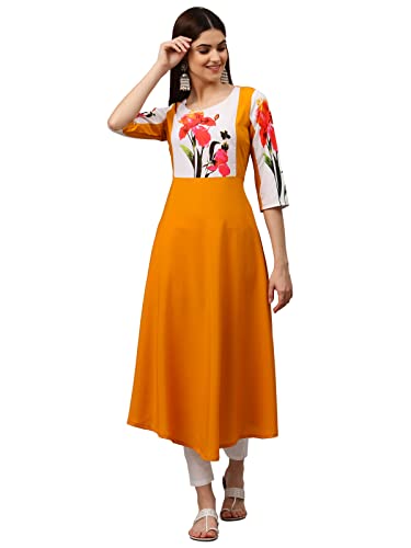 Image of Women's Crepe A-Line Printed Kurti(ALC9121YLW1 Yellow X-Small)