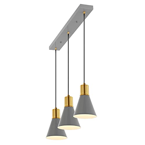 Image of JONATHAN Y Apollo Mid-Century 3-Light Pendant 33.5 inch, Gray /Brass Gold | Modern, Adjustable Height, Metal Cone Shade, Kitchen Island, Hallway, UL Listed, Slope-Compatible, LED Bulb Included