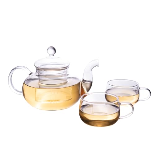 Glass Teapot Set with 2 Tea Cups & Glass Tea Infuser - Birthday Gifts for Women Unique, Tea Kettle with Removable Loose Tea Infuser - Blooming Tea Pot Set and Cups Set, Tea Sets for Adults (600 ml)