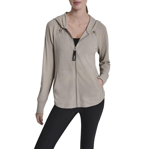 DKNY Women's Full Zip Mini Waffle Hoodie Sweatshirt, Pebble, Medium