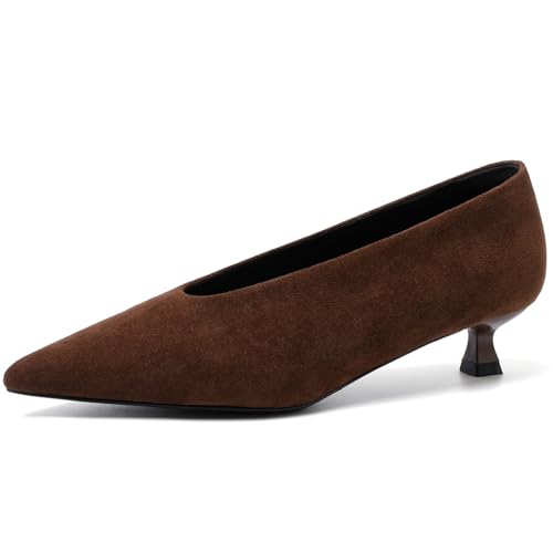 Mostrin Brown Kitten Heels for Women Pointed Closed Toe Heels Suede Women's Shoes Low Heel Pumps Shoes for Party Work Office