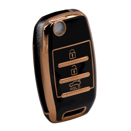 Image of KMH TPU Gold Car Smart Key Cover Compatible for Kia Seltos and Sonet 3 Push Button Smart Flip Key Shell Case Holder, Full Key Protection (Black Gold) Pack of 1