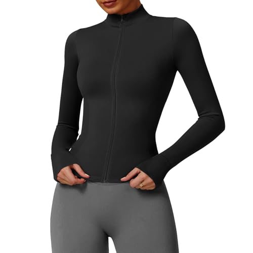 JN JANPRINT Women's Gym Long Sleeve Tops Running Jackets Zip Up Lightweight Stretchy Athletic Yoga Tops Black