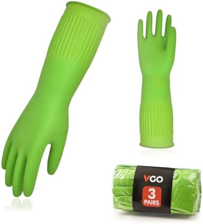 Vgo 3Pairs Dishwashing Gloves, Reusable Household Gloves, Kitchen/Cleaning (Size M, Green, RB2143) …