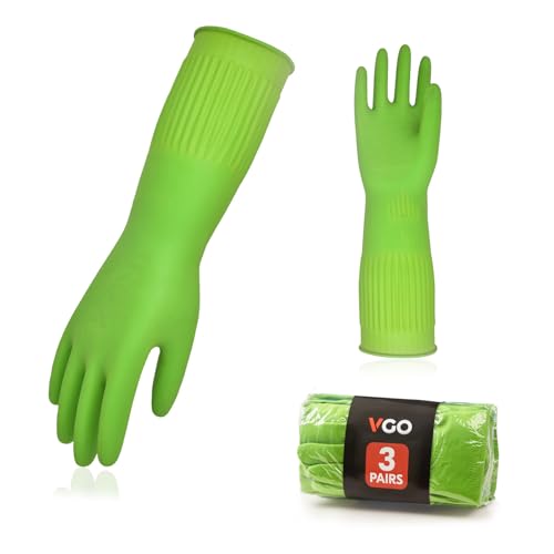 Vgo... 3 pares de guantes de limpieza para el hogar, guantes de goma para lavar los platos, extra gruesos, mangas largas (RB2143)