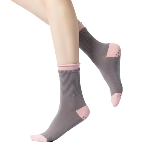 Yoga Pilates Socks with Non-Slip Grips for Women Color-Blocked Cushioned Crew Socks for Barre Ballet Dance