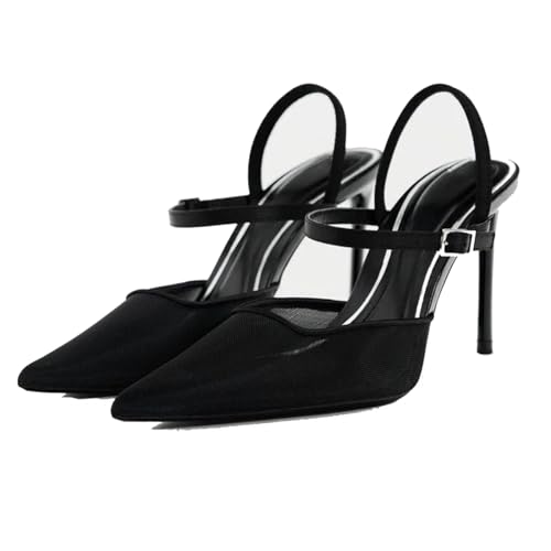 MRKEWUNEY Fashion Mesh Slingback Pumps Shoes for Women Ankle Strap Pointed Toe Pumps
