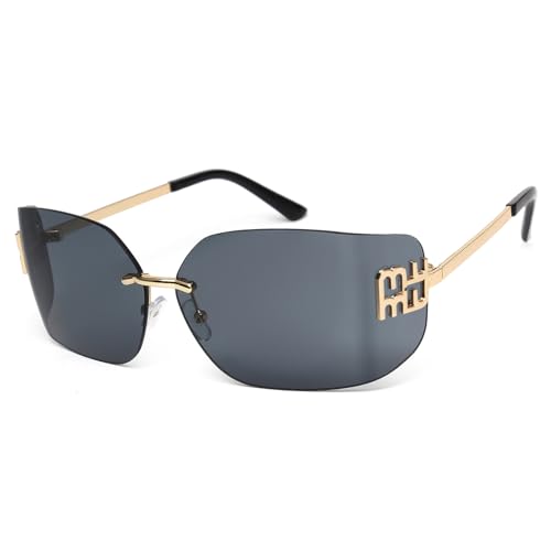 KENBO Óculos de sol futuristas sem aro Y2K para mulheres e homens, moderno, armação envolvente, design sem moldura, Preto, Medium