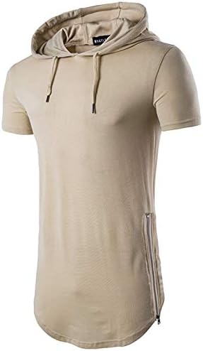 SAMACHICA Men's Hipster Fashion Athletic Hoodies Lightweight Hooded T-Shirt Short Sleeve Sweatshirt Hip Hop Pullover Khaki