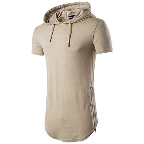 Samachica Men's Hipster Fashion Athletic Hoodies Lightweight Hooded T-Shirt Short Sleeve Sweatshirt Hip Hop Pullover Khaki #TOP21