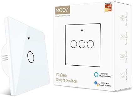 MOES Tuya ZigBee Smart Touch Switch, Requires Tuya ZigBee Hub, No Neutral Wire No Capacitor Needed, also Works with L & N wire, Compatible with Smart Life Tuya App Alexa Google Home, 1 Gang, White