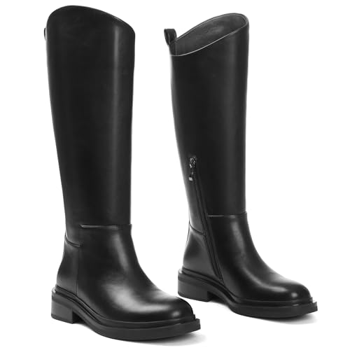 Knee High Boots for Women Round Toe Flat Low Chunky Heel Boot Side Zipper Dress Long Fashion Tall Boot Fall Winter Riding Wide Calf Boots2