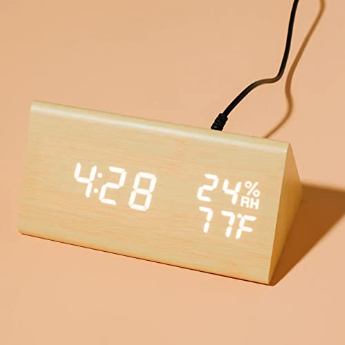 Oct17 Wooden Alarm Clock, Smart Led Digital Clock For Bedroom/Desks, Upgraded With Time Temperature, Adjustable Brightness And Voice Control, Humidity Displaying - Bamboo #TOP1