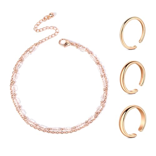 Toe Ring and Anklet Set 2mm/3mm/4mm Classic Plain Toe Ring Adjustable Open Finger Knuckle Ring and Bracelet Silver Rose and Gold