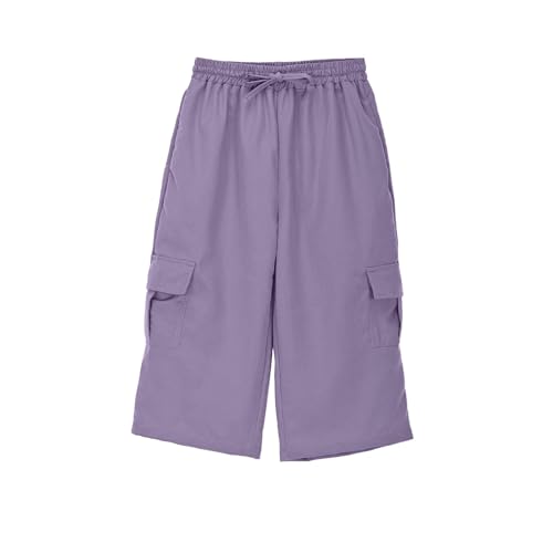 Moonker Boys Nylon 3/4 Cargo Pants for Girls Straight Wide Leg Elastic High Waist Trousers Solid Color Youth3