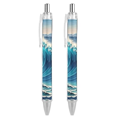 FekiLoot Blue Wave Art – Lot de 2 stylos à bille rétractables à encre noire, pointe moyenne de 0,5 mm, écriture lisse, avec prise en main super douce – Fournitures de travail mignons pour homme et