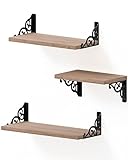 SMATTO Floating Shelves, Rustic Brown Wall Shelves, Hanging Shelves Wall Mounted, Wooden Floating Shelf for Bathroom Bedroom Living Room Kitchen Storage, Set of 3
