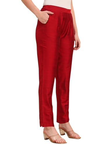 Image of Vogaan Women's Cotton Silk Pant | Half-Elasticated Waist Slim Fit Trouser for Women | Casual Pocket Pants for Office Formal Daily Use
