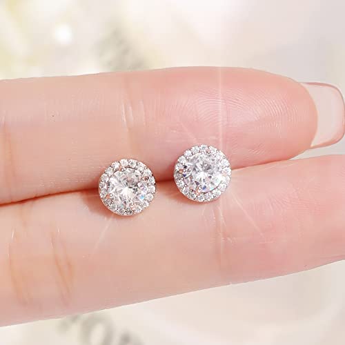 Brilliant Round Sterling Silver Post Halo Stud Earrings For Women Men | Cubic Zirconia Simulated Faux Diamond Halo Stud Earrings For Girls, Fake Diamond Cz Piercing Earrings Studs #TOP1