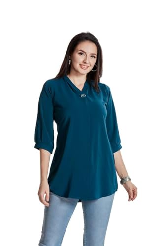 Image of nioni Women's Purple Poly Linen Blend Tunic Top with 3 /4 Sleeves, Printed Yoke, Kantha Stitch Detailing & Mandarin Collar