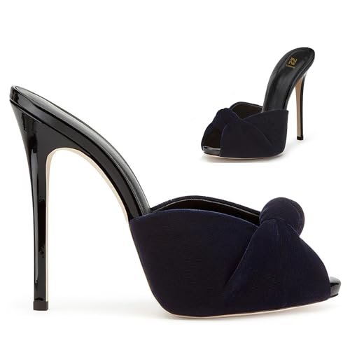 Image of LEHOOR Women Stiletto Heel Mules Platform Bow Round Open Toe Slip On Mule Sandals Velvet Cute 5 Inch Thin High Heels Peep Toe Stilettos Backless Sandal Heels Dress Evening Party 5-12 M US