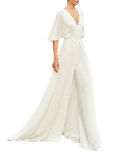 JazzyJewl Two Piece Jumpsuits Wedding Dresses V Neck Half Sleeve