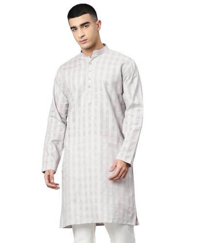 Image of Majestic Man Men's Pure Cotton Textured Check Mandarin Collar Long Kurta