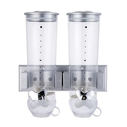 BURLOE Double Cereal Dispenser, Wall Mounted Dispenser with Locking Caise Plastic Rotary System Practical Storage for Nuts Cornflakes Sweets,Silver