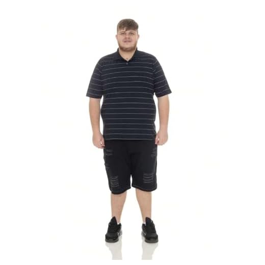 1 KIT Masculino Plus Size 02 Peças- Camisa Polo Listrada Preta e Bermuda Jeans Preto com Rasgo com Barra Virada Tamanho: