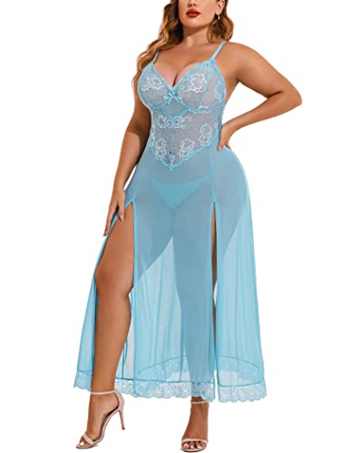 Image of Avidlove Plus Size Lingerie for Curvy Women Long Lace Babydoll Nightdress | V neck sheer mesh nightgown,g-string included,high side slits,adjustable straps,curve-flattering fit,maternity photoshoot