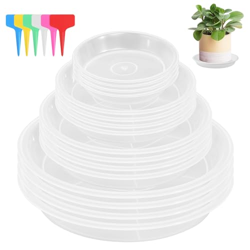 HFDONGL 16 Stück Blumentopf Untersetzer Plastik Pflanzen Untersetzer Blumentopf Blumenuntersetzer Rund mit 18 Stück Etikett Pflanzenuntersetzer Rund für Innen und Außenpflanzen(Transparent)